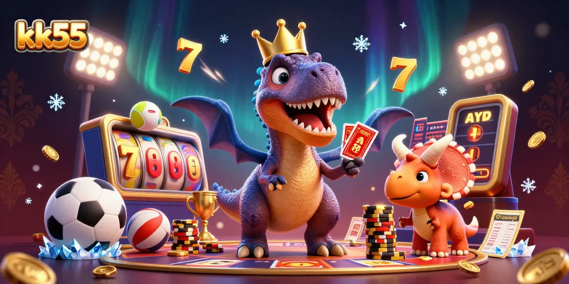 Experience thrilling casino action at kk55 with vibrant characters playing cards and gambling elements.