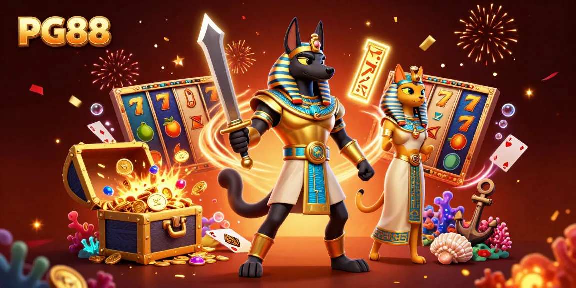 Experience winning moments at PG88 with a vibrant 3D casino illustration showcasing iconic game symbols.