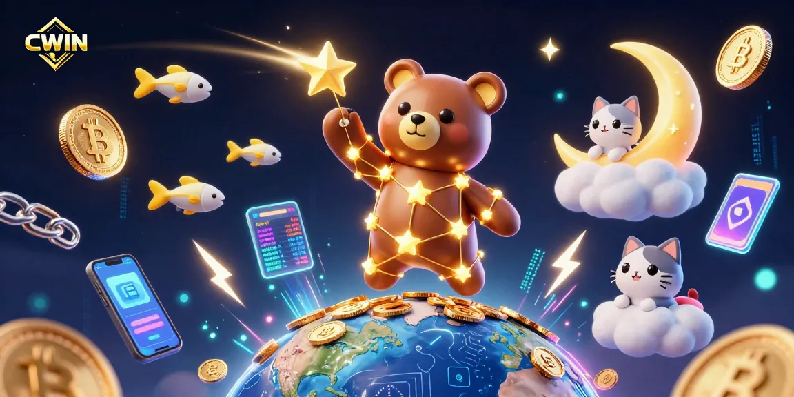 CWIN offers a dazzling experience with golden star bear scooping coins, showcasing an online casino atmosphere.