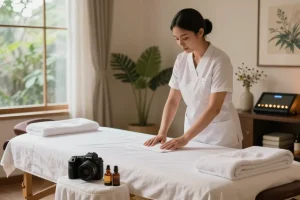 1인샵에서 마사지 준비하는 모습과 아로마 오일, 자연 채광이 있는 평화로운 분위기