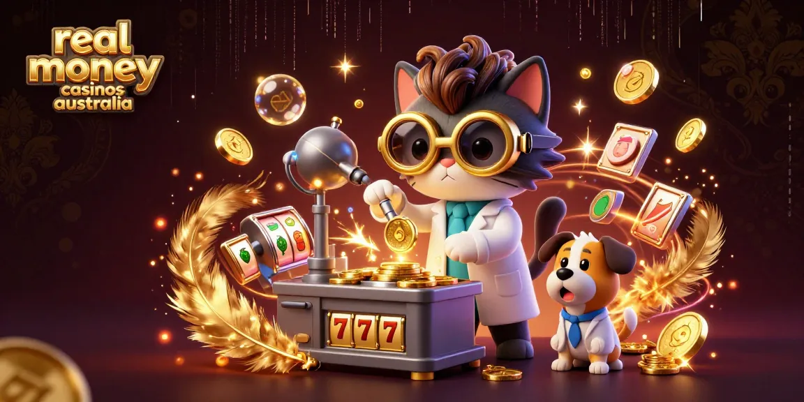 Experience the thrill of real money casinos Australia with an engaging 3D scene featuring a mad scientist cat.