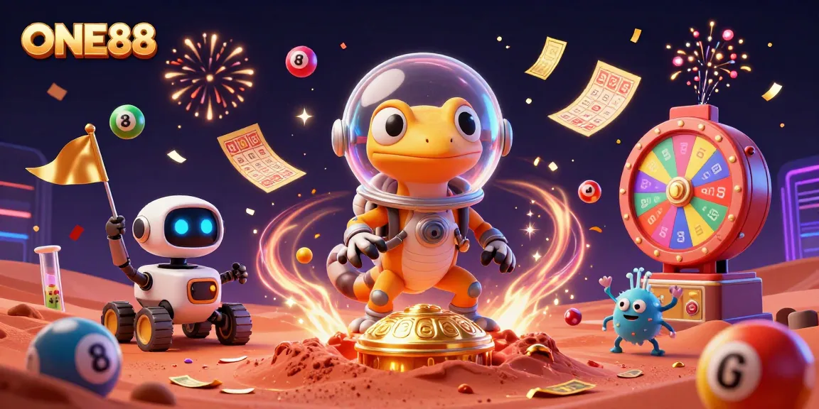 Join the excitement at ONE88 with a Martian gecko and casino treasures in a vibrant 3D scene