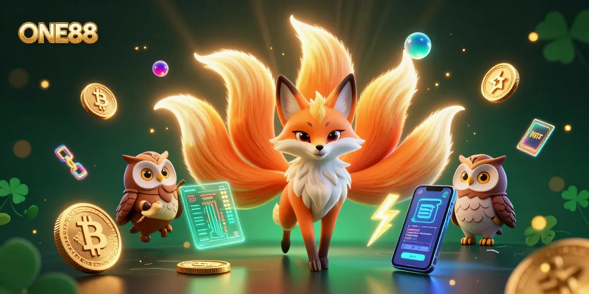 Engage with ONE88 by exploring a vibrant 3D cartoon scene featuring a wise owl and a magical fox amid crypto elements.