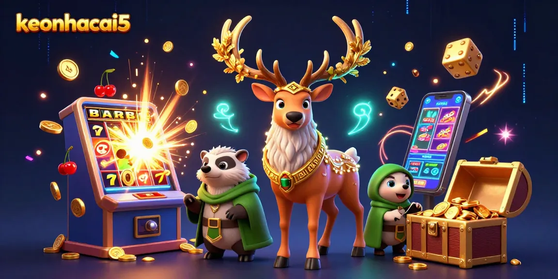 Experience the excitement of betting with keonhacai5's vibrant jackpot scene featuring a Celtic druid stag and more.