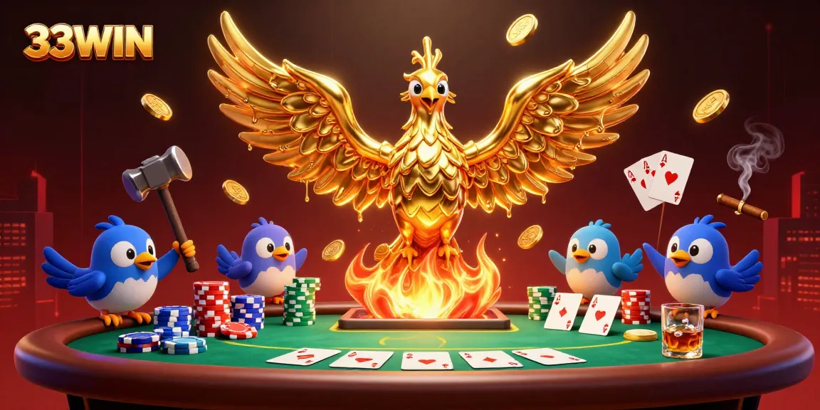 Experience the thrill of 33WIN with our dynamic 3D casino illustration featuring a molten golden phoenix, poker chips, and vibrant game elements.