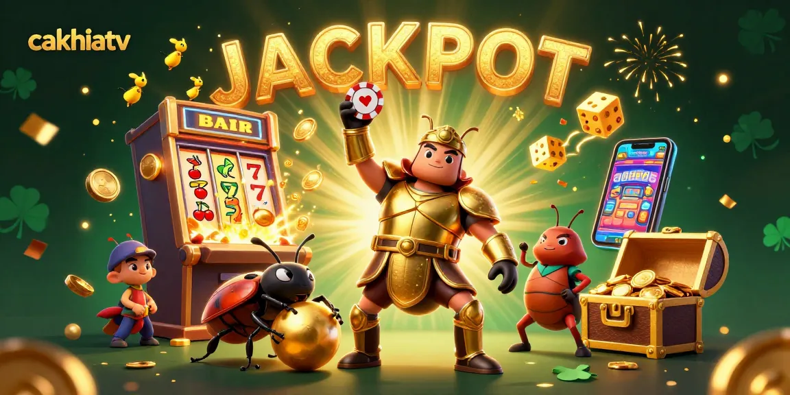 Cakhiatv showcases an epic jackpot scene with cartoon beetles celebrating victory in a vibrant casino setting.