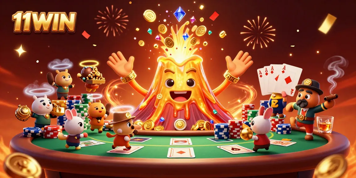 Experience thrilling action at 11WIN with a vivid 3D illustration showcasing a triumphant volcano erupting treasures amidst poker excitement.