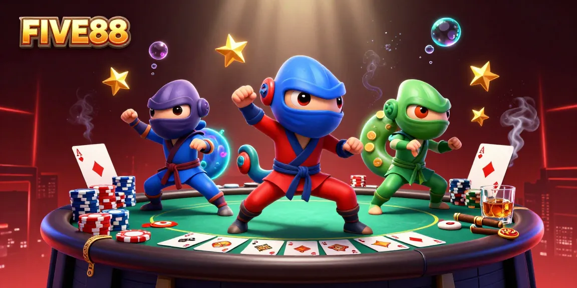 FIVE88 showcases a dynamic scene featuring vibrant chameleon ninjas amidst poker elements.