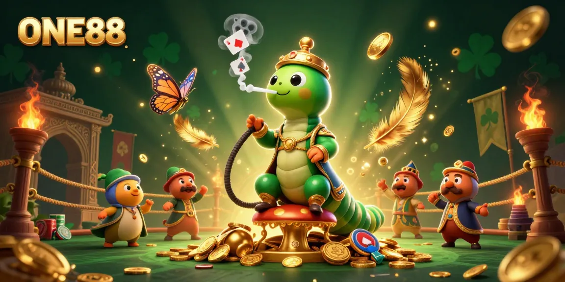 ONE88 crafts an engaging scene with a mythical caterpillar master amidst poker hand symbols.