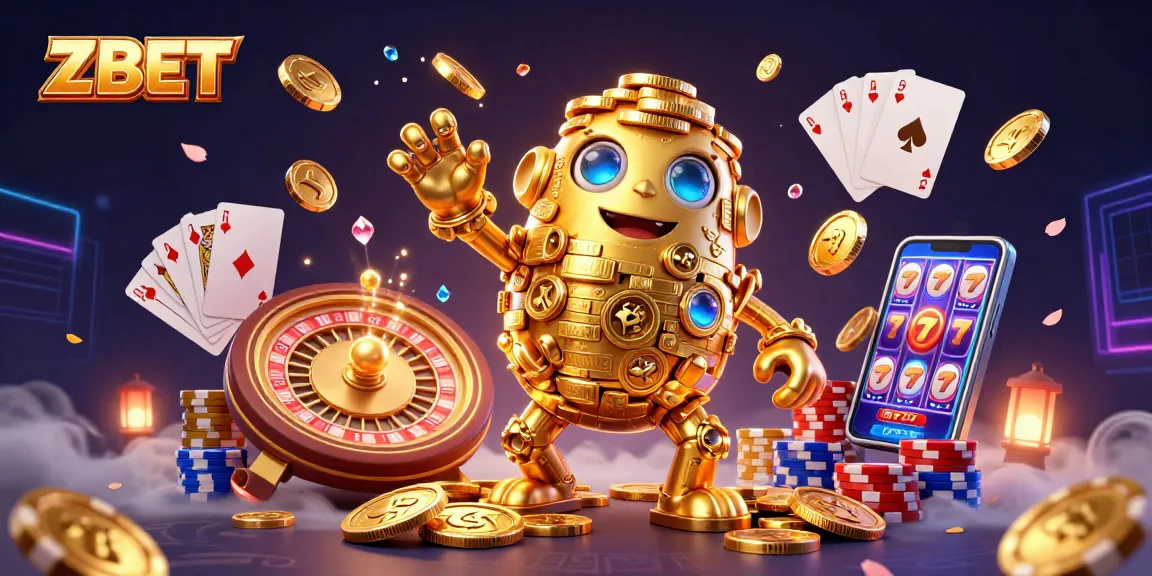 ZBET casino illustration featuring a golden golem, dynamic gaming elements, and vibrant casino motifs.