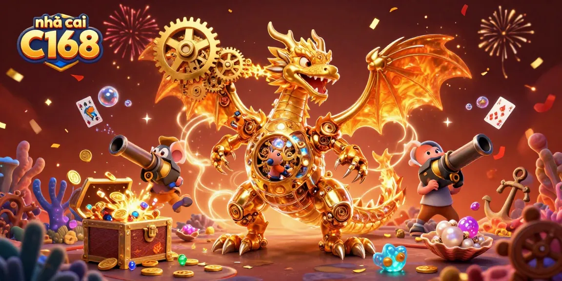 Experience gaming thrills at nhà cái C168 with vibrant golden dragon motif and treasure-filled environment