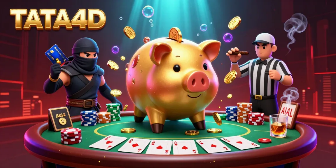 TATA4D illustrates a piggy bank sumo wrestler champion engaging in a lively poker game scene.