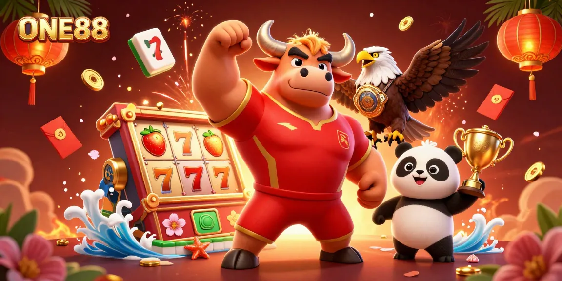 Experience thrilling action at ONE88 Casino with a 3D celebration featuring lucky symbols and champions.