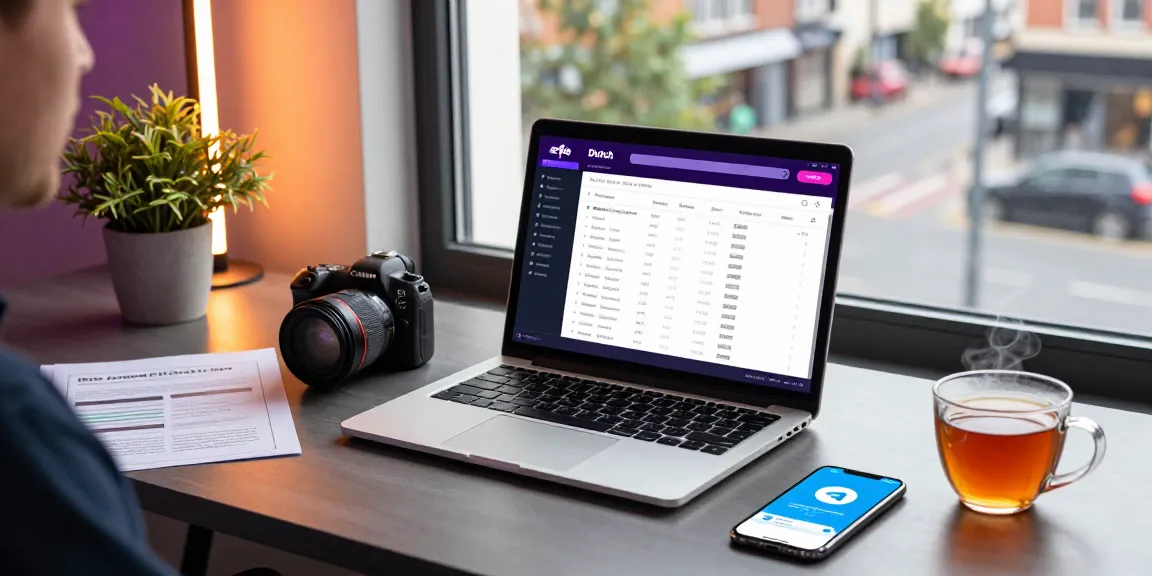 Dutch casino guest posts workspace featuring affiliate marketer analyzing iGaming data and strategies.