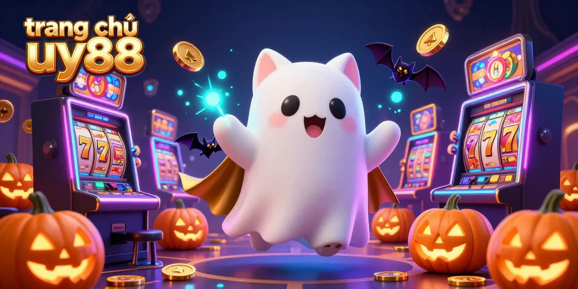 Lively scene of ghost cat and bat at trang chủ uy88 with glowing poker and jackpot elements, highlighting casino excitement.