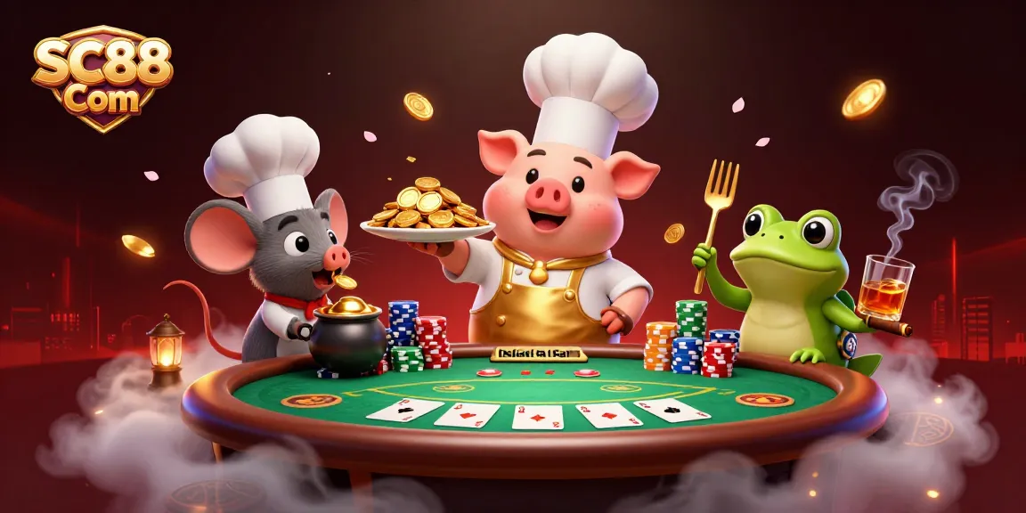 Experience casino excitement with SC88 Com featuring a chef pig, mouse, and frog in a dynamic poker scene.