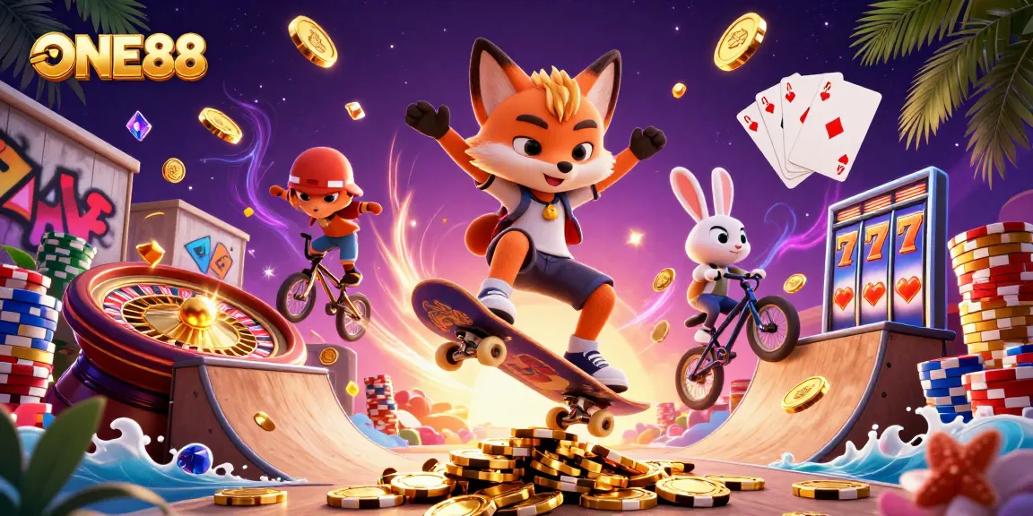 Experience thrilling action with ONE88 in this vibrant 3D casino illustration featuring exciting game elements.