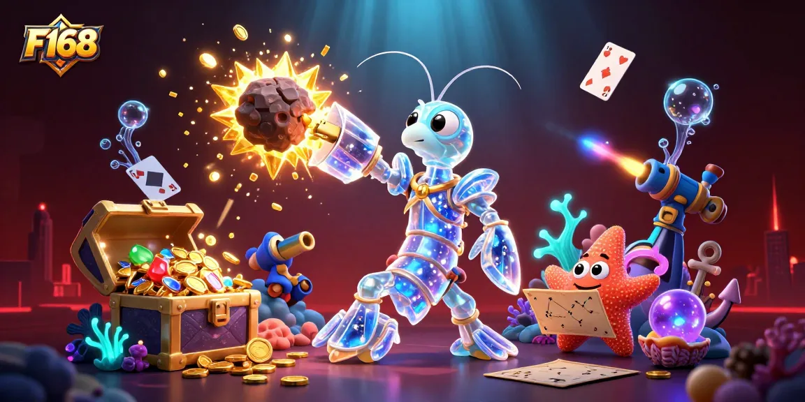 F168 offers a vibrant scene with galactic samurai mantis shrimp and starfish in an exciting casino-themed adventure.