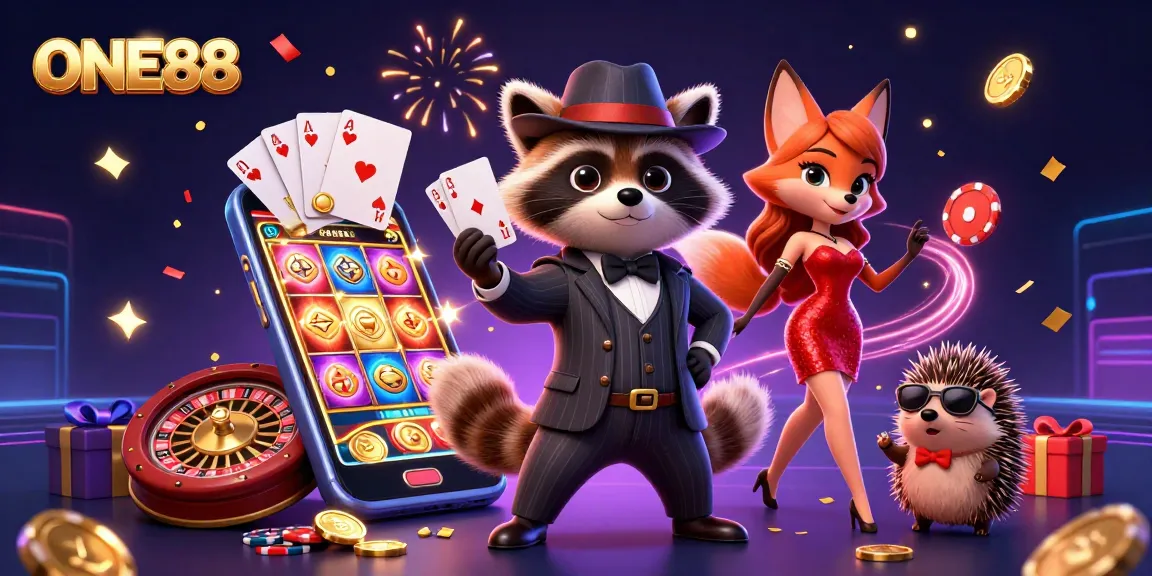 Experience the excitement of ONE88 with a raccoon and friends surrounded by vibrant gambling elements.