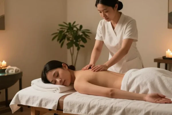 스웨디시 마사지를 받는 클라이언트와 힐링 분위기의 마사지 룸을 보여주는 이미지