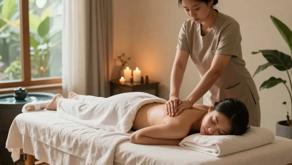 스웨디시 마사지 중인 모습과 아로마 오일, 부드러운 조명과 아늑한 공간을 보여줍니다.