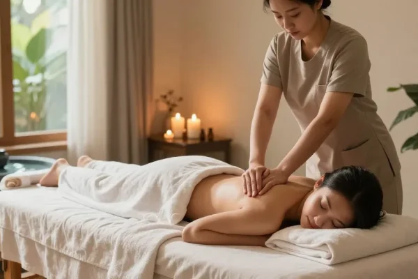 스웨디시 마사지 중인 모습과 아로마 오일, 부드러운 조명과 아늑한 공간을 보여줍니다.