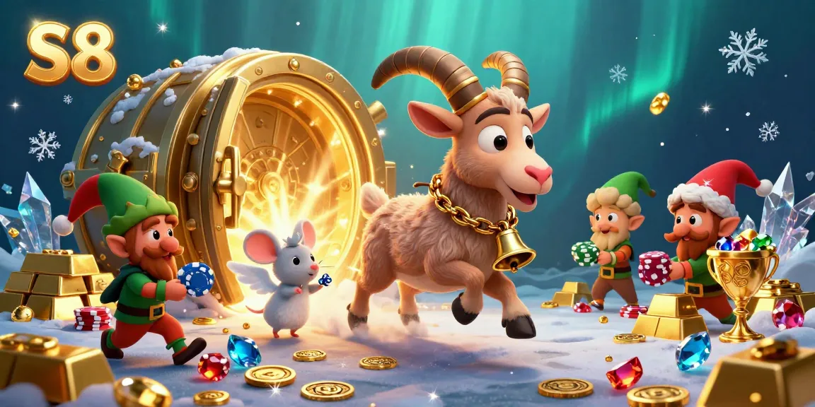 S8 casino extravaganza showcases a Krampus goat and angel mouse amidst golden treasures and mischievous gremlins.