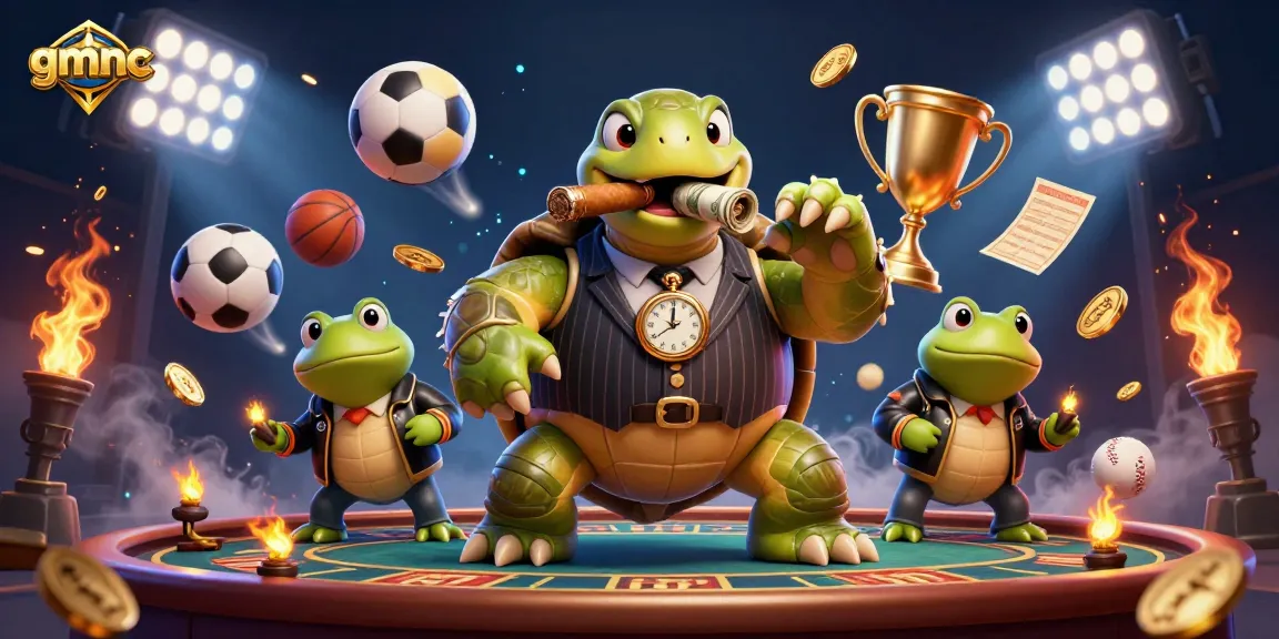 Bet on success with gmnc, featuring a turtle mobster and bullfrog enforcers in a vibrant casino scene.