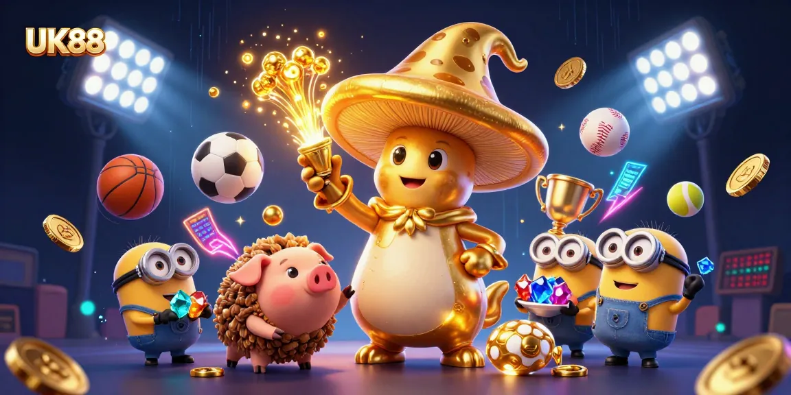 UK88 showcases a magical scene of a golden mushroom wizard and friends surrounded by dynamic sports betting elements.