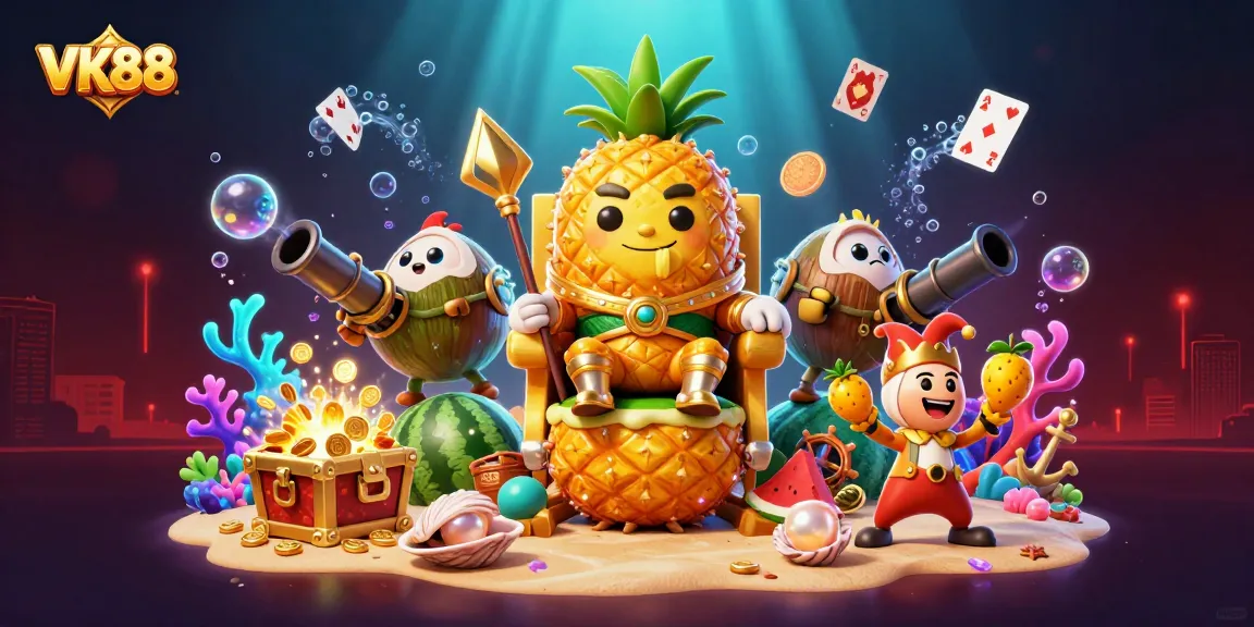 VK88 transforms the casino experience with playful, vibrant characters and a treasure-rich beach setting.