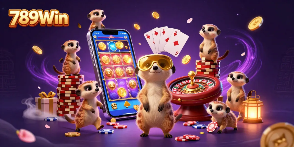 Engage in thrilling slots and casino games with 789Win's dynamic meerkat scene, experiencing vibrant gaming excitement.