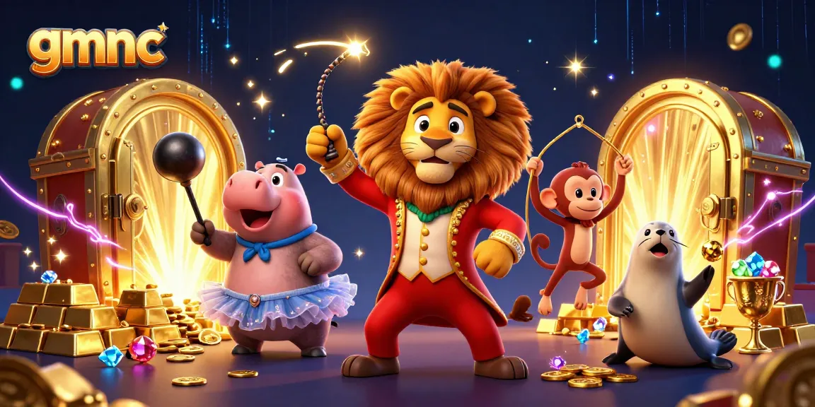 Experience gmnc’s thrilling circus-inspired scene filled with gold gems and vibrant characters.