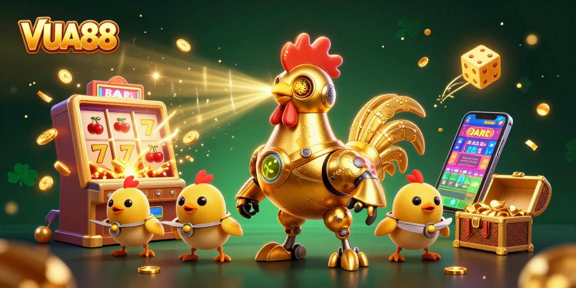 Spin to win with VUA88's immersive 3D casino experience featuring a golden rooster and vibrant game elements.