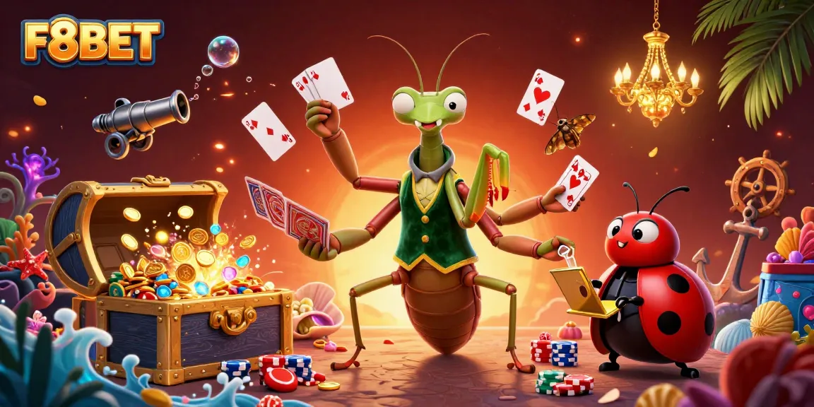 F8BET offers an engaging 3D casino experience featuring vibrant characters amid gold coins and treasures.
