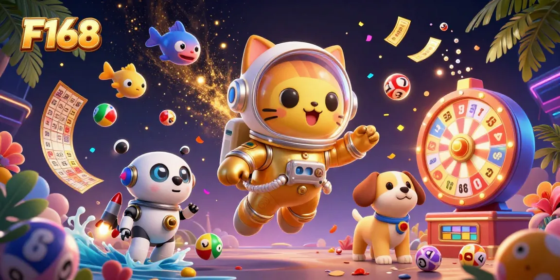 Play and win at F168 with vibrant casino-themed illustrations showcasing excitement.