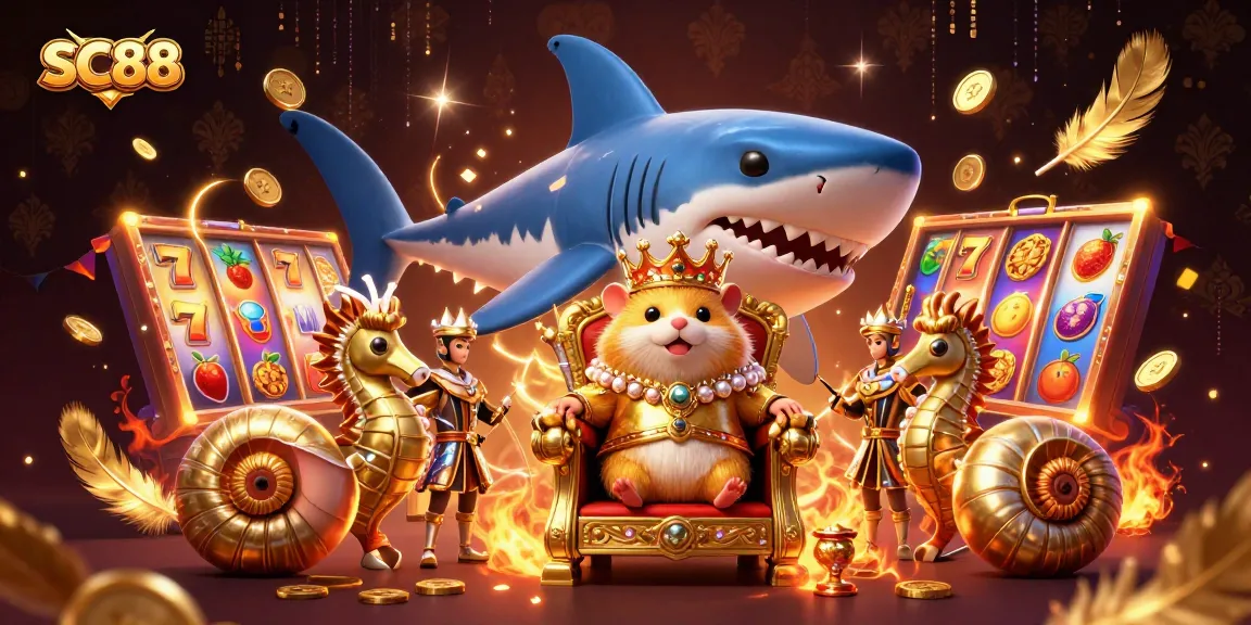 Experience the thrill of SC88 with the golden hamster king ruling from his megalodon throne amidst spinning slot symbols.