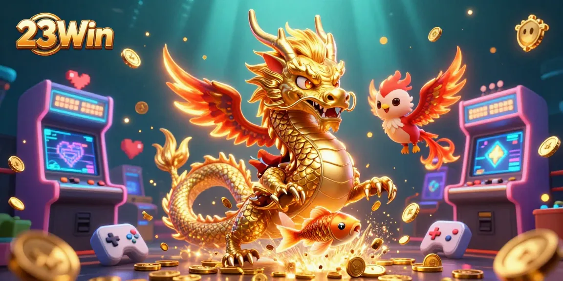 Experience thrilling gaming action with 23Win's vibrant 3D casino illustration showcasing a dynamic dragon and phoenix.