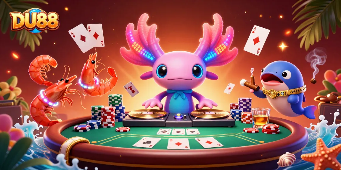 Experience vibrant DU88 casino vibes with a neon axolotl DJ and lively characters spinning poker excitement.