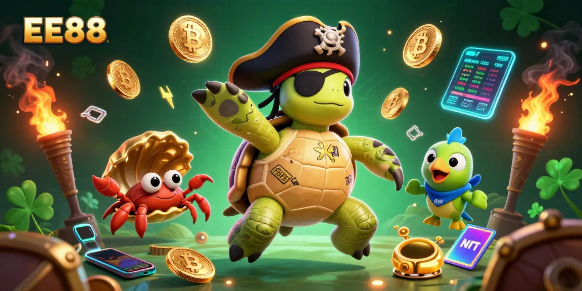 Experience the thrill of EE88 as a pirate turtle and friends uncover treasure in a vibrant, interactive crypto scene.