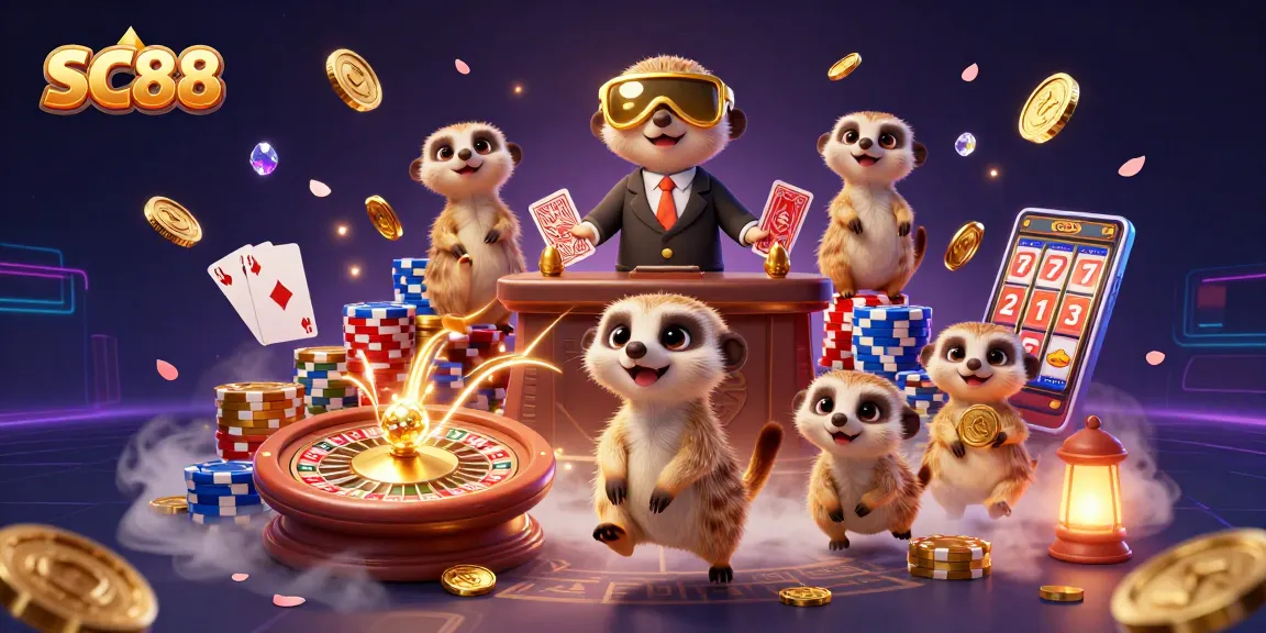 SC88 meerkats managing a lively casino scene filled with colorful chips and fortune